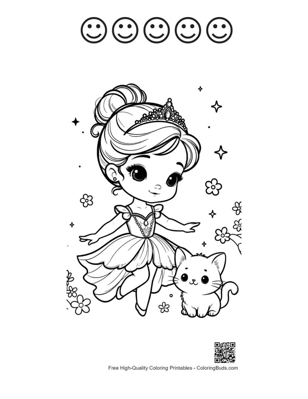 Princess playing cats coloring with happy faces