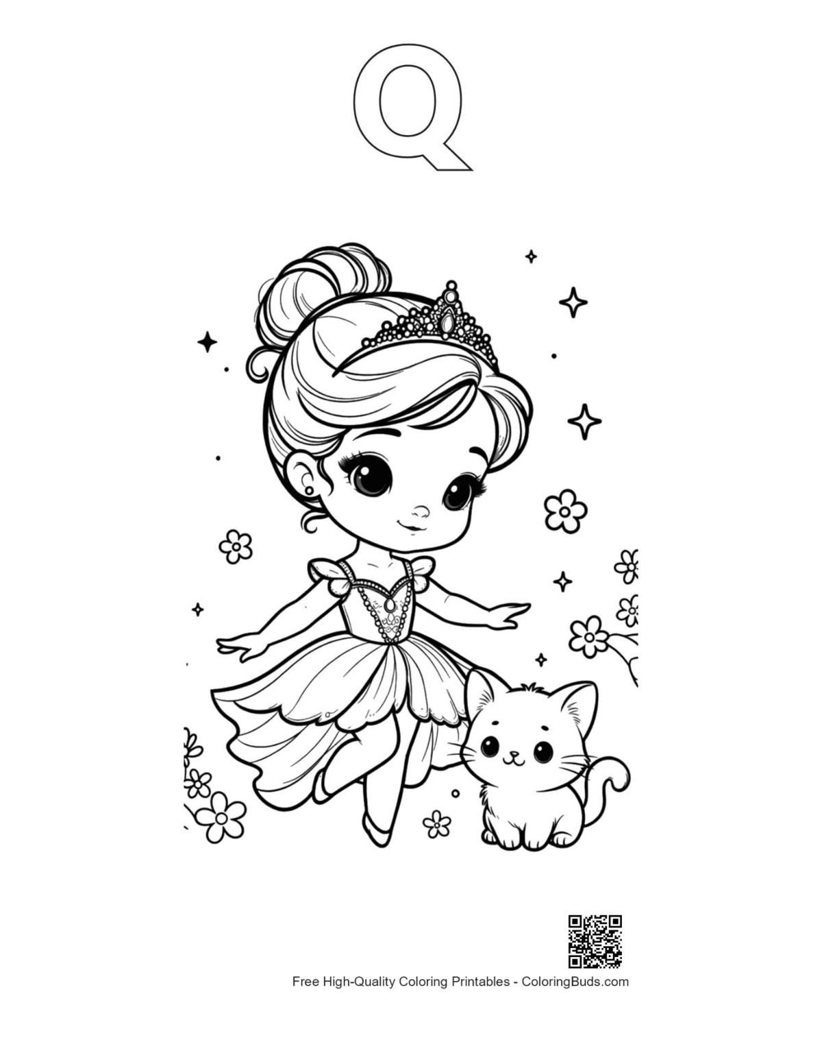 Princess cats coloring page with Q alphabet outline
