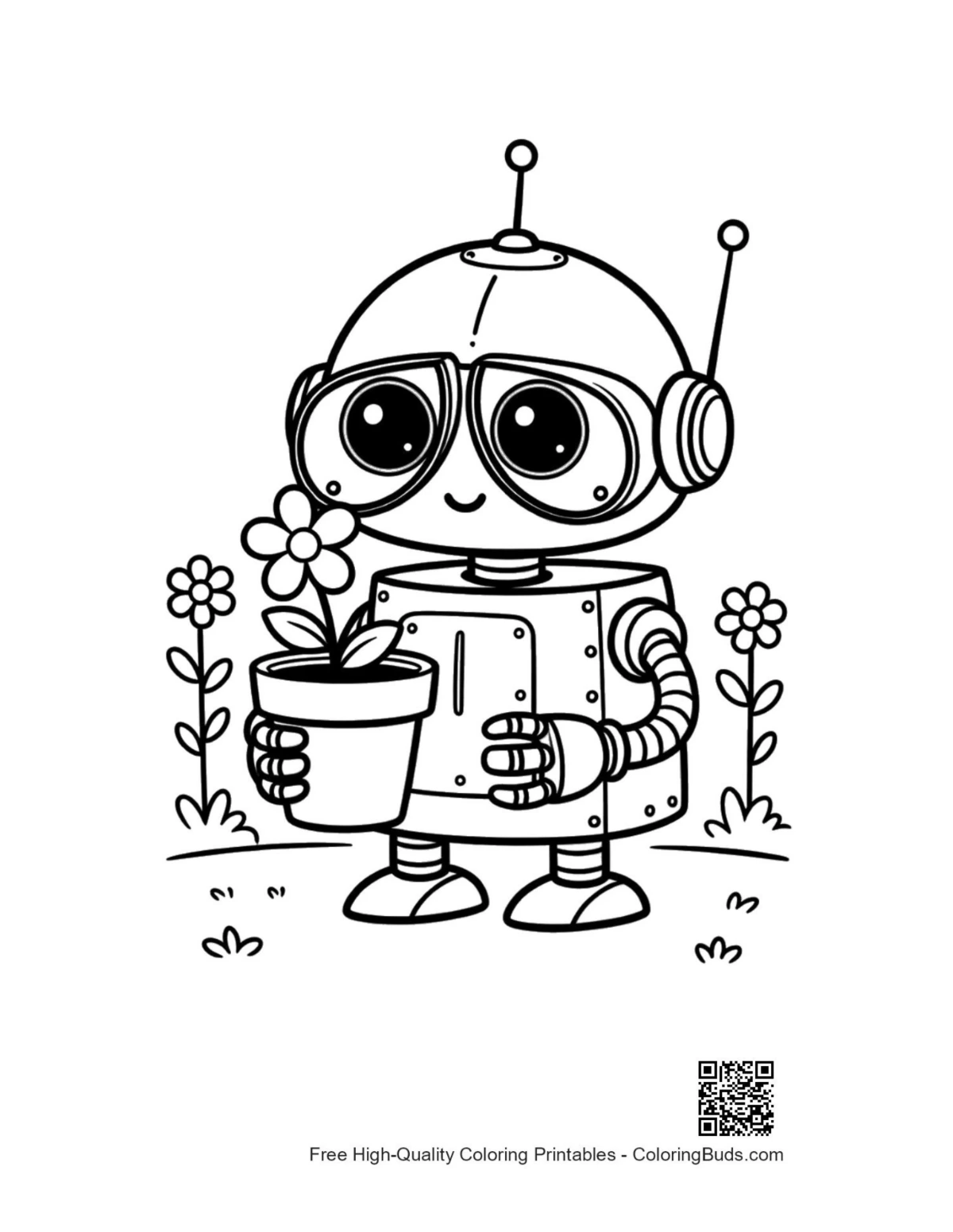 Cute retro robot gardener with potted flower coloring printable