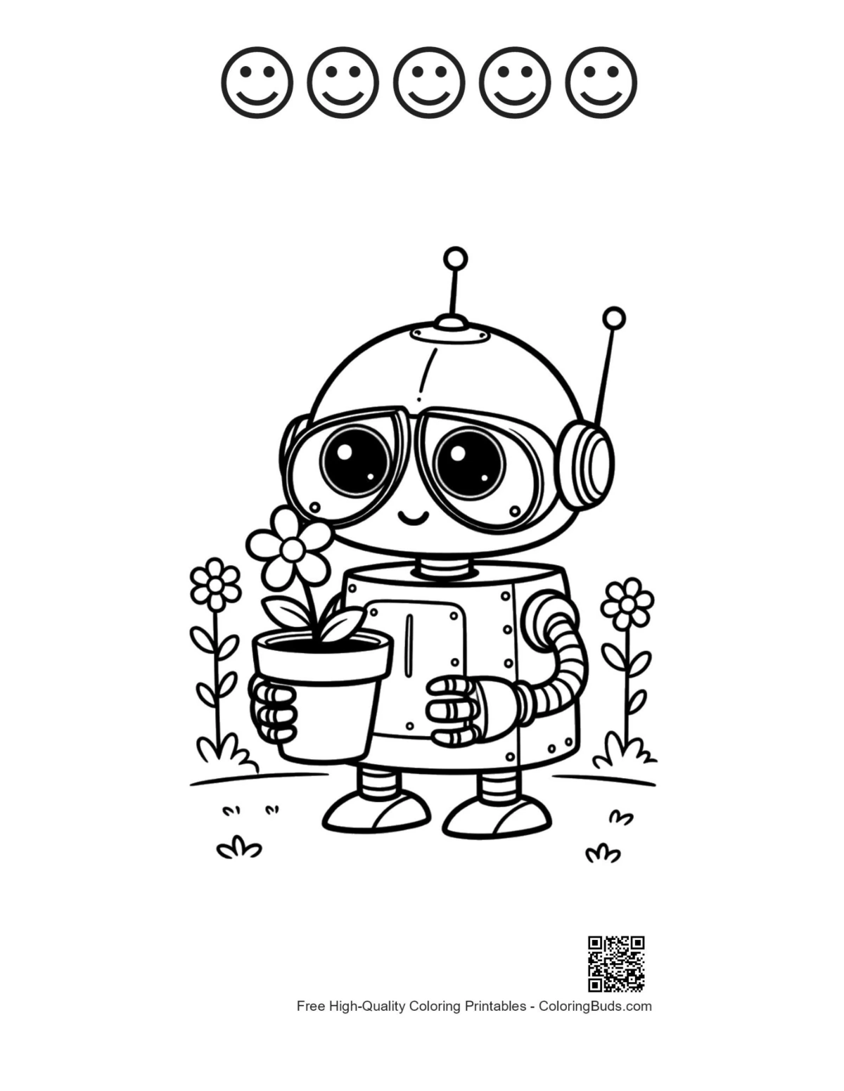 Cute robot gardener with 5 happy faces printable