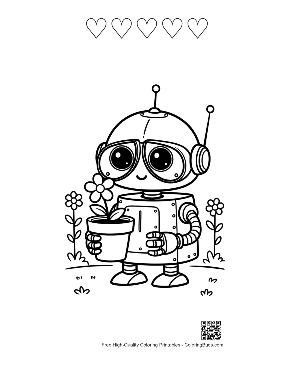 Retro robot coloring with 5 heart outlines