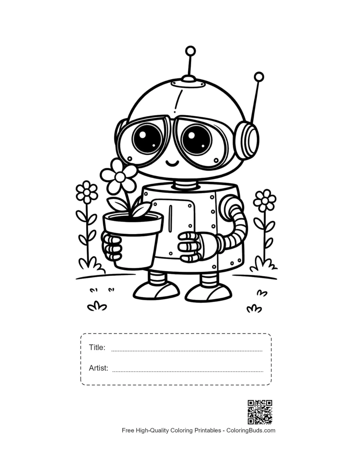 Retro robot gardener printable with title artist box