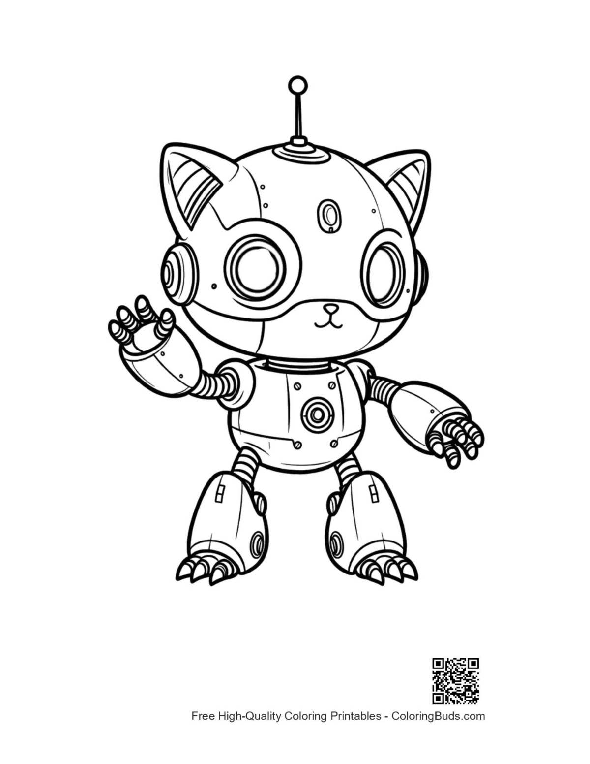 Friendly kitty robot waving mechanical paw Retro Robot printable