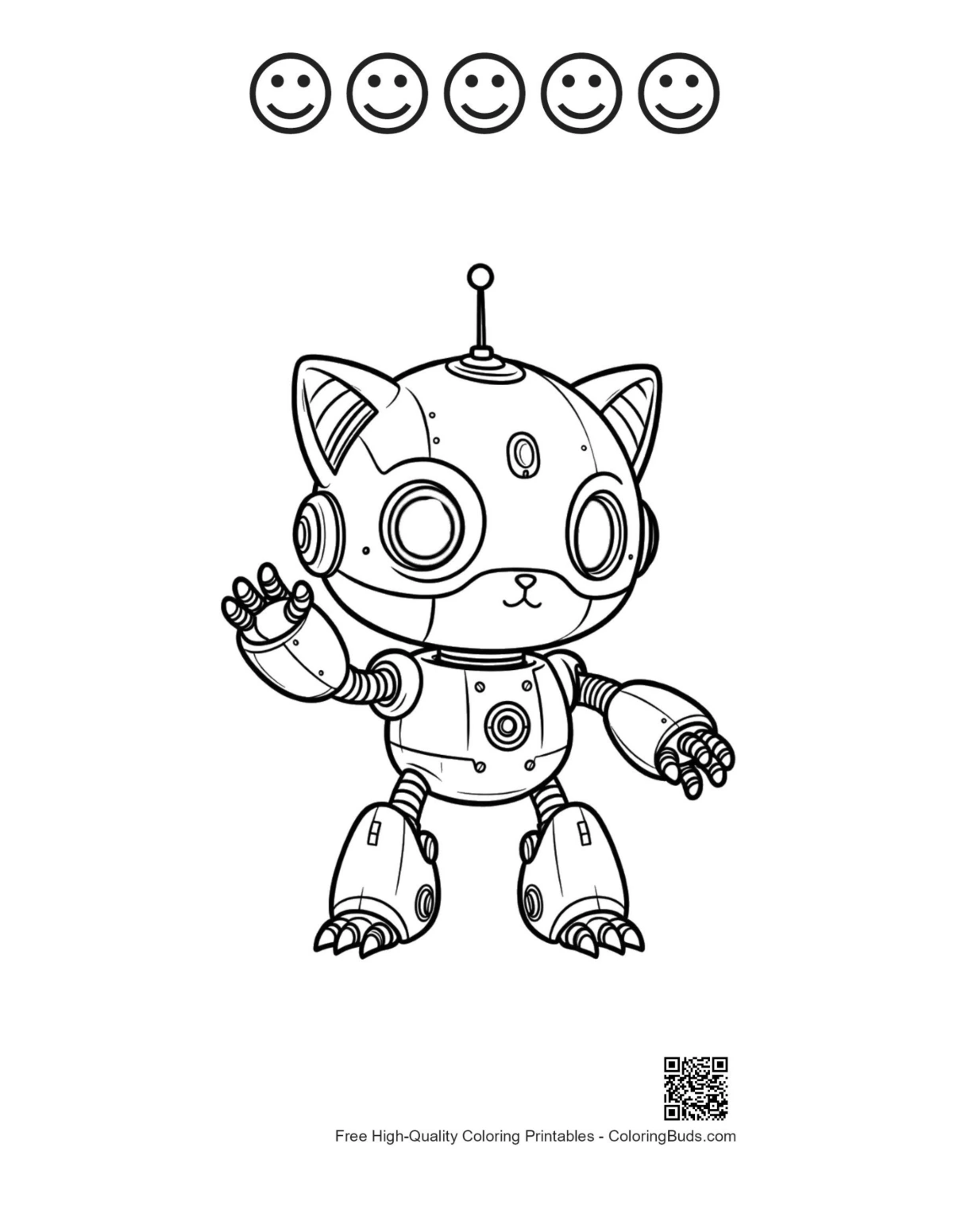 Kitty robot waving 5 happy face outline coloring sheet