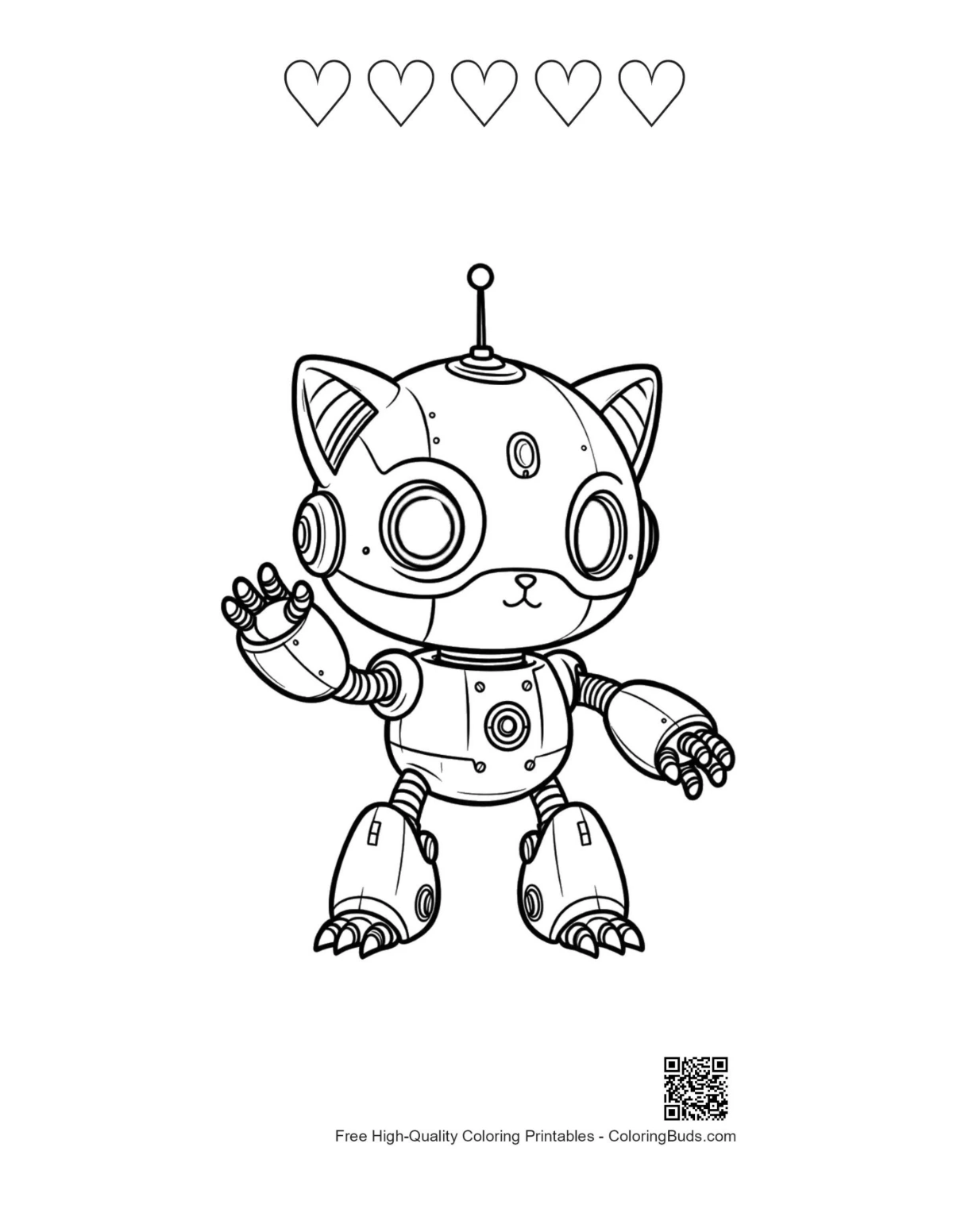 Kitty robot waving with 5 heart outline printable