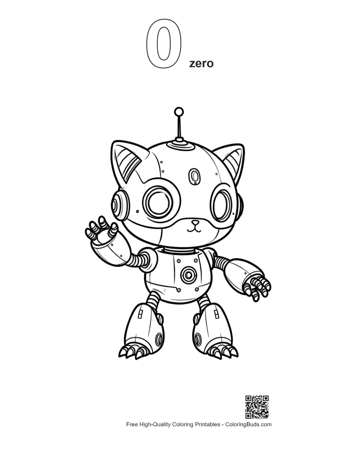 Kitty robot waving outline number 0 printable coloring page