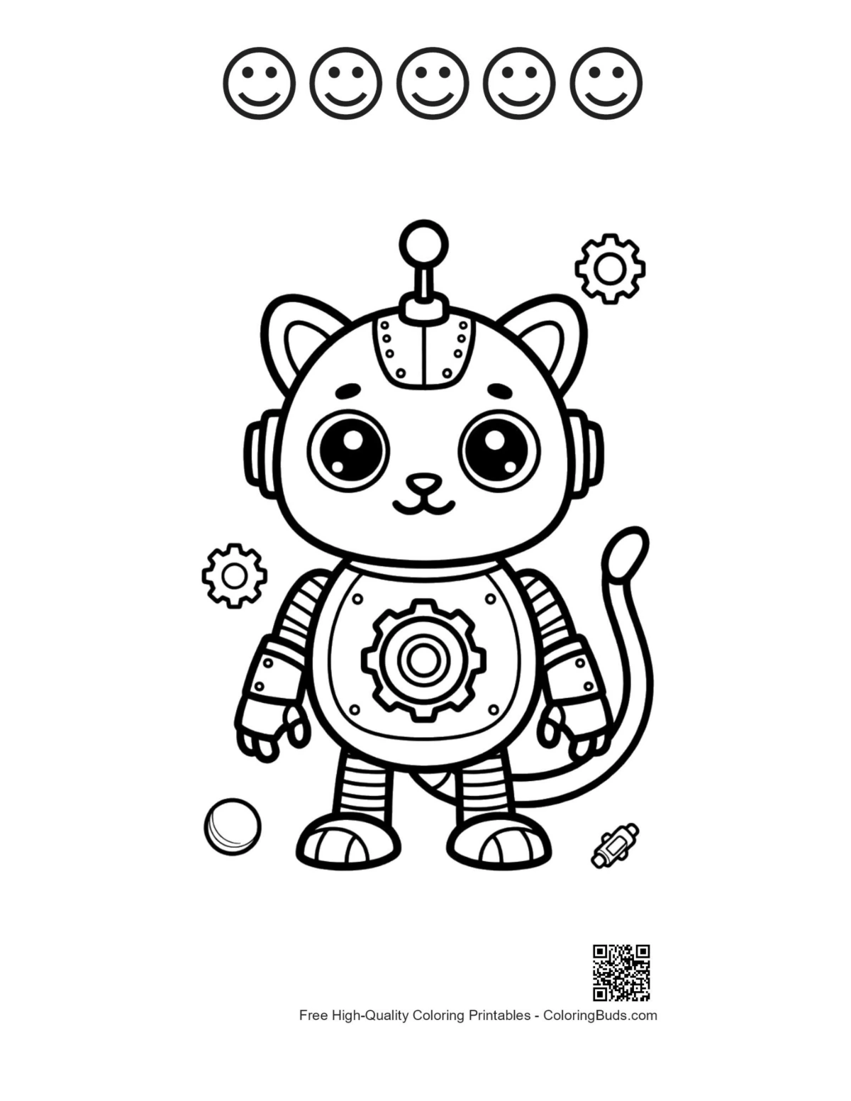 Cute robot kitten printable with 5 happy faces