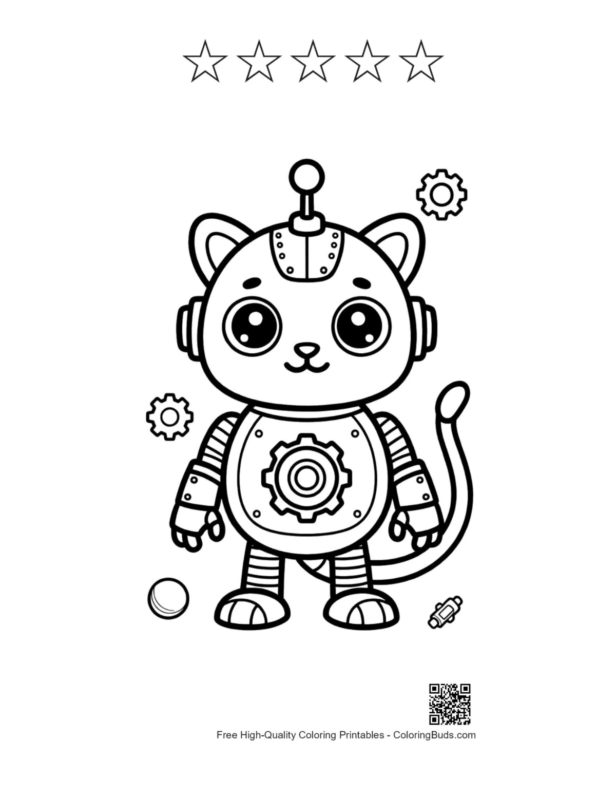 Retro robot kitten with 5 star outline printable