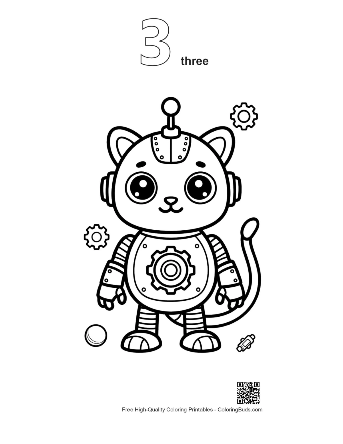 Outline Retro robot kitten in sunny field printable #3