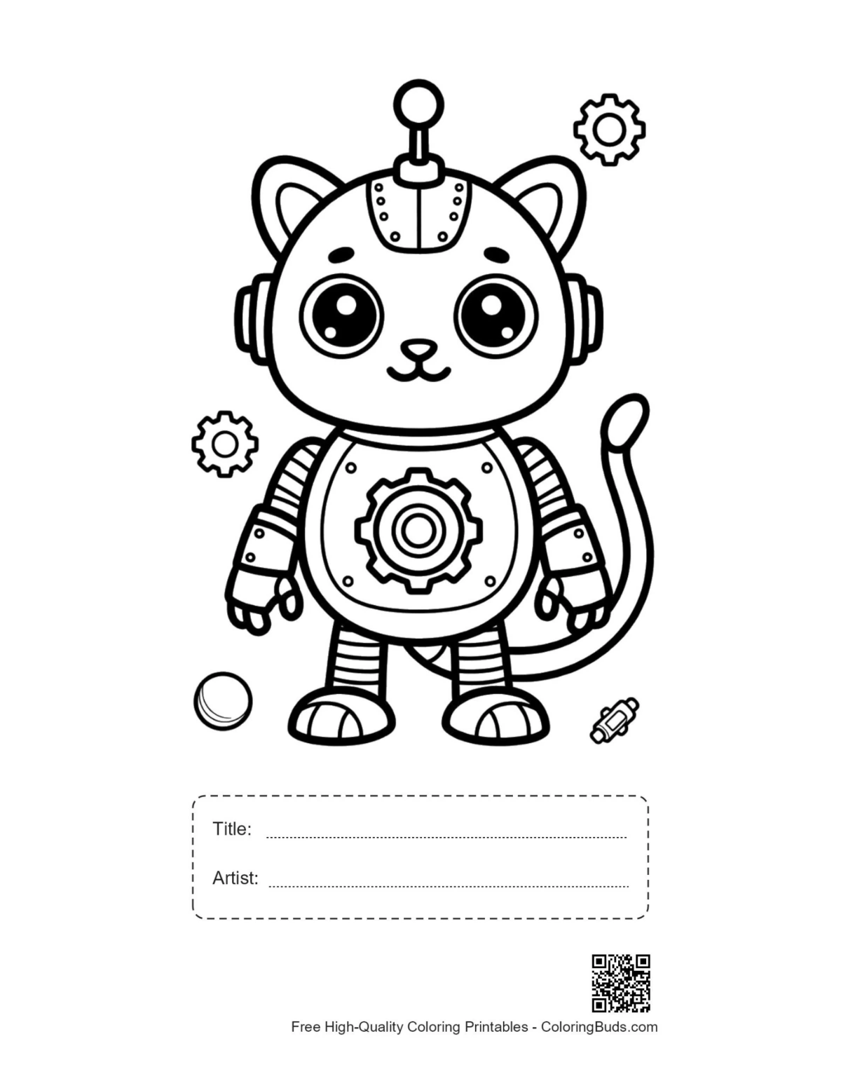 Retro robot kitten printable with title artist box