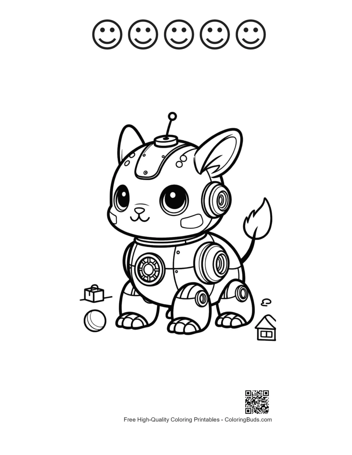 Cute robot kitty printable with happy faces outlines
