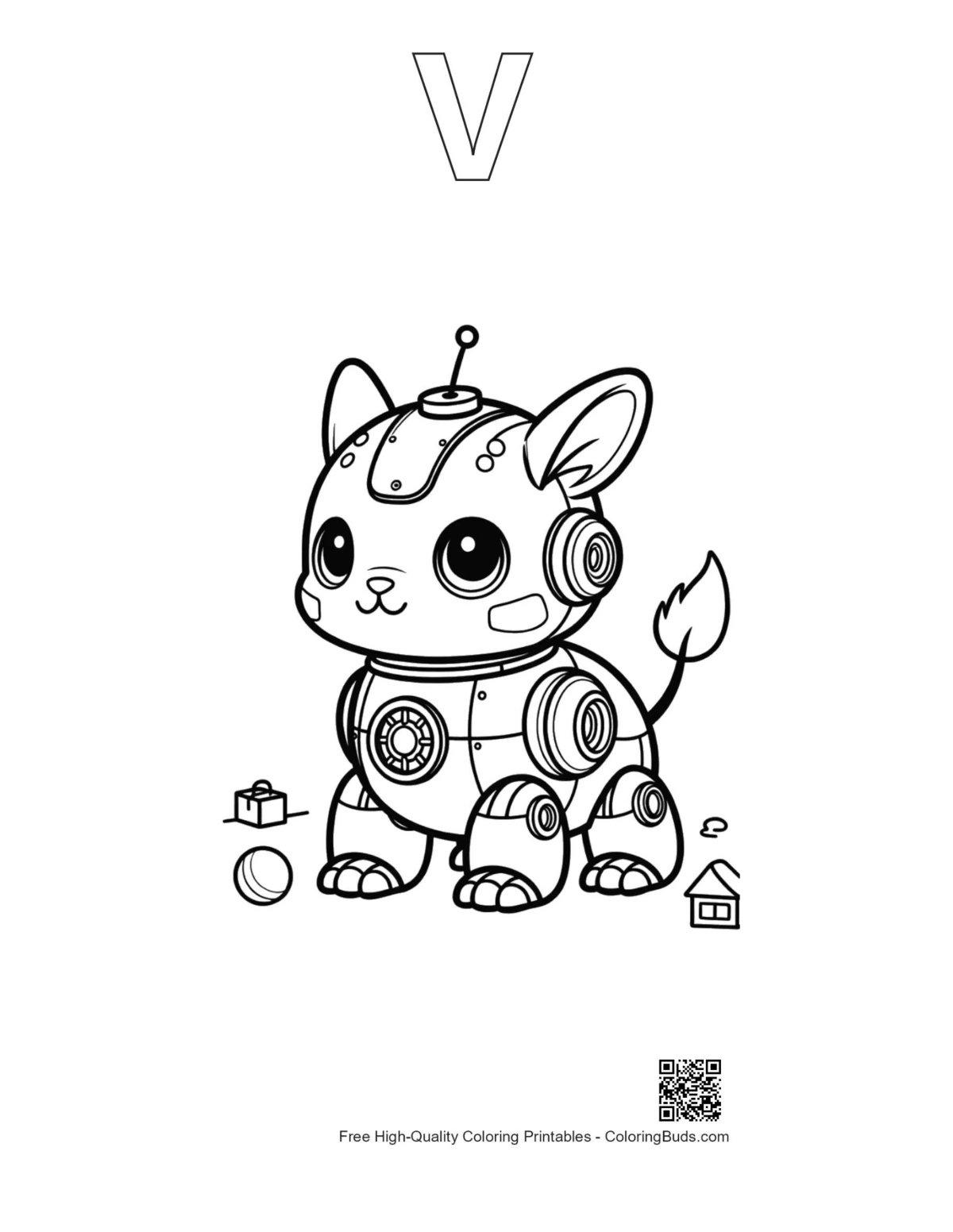 Tech world robot kitty alphabet V outline printable