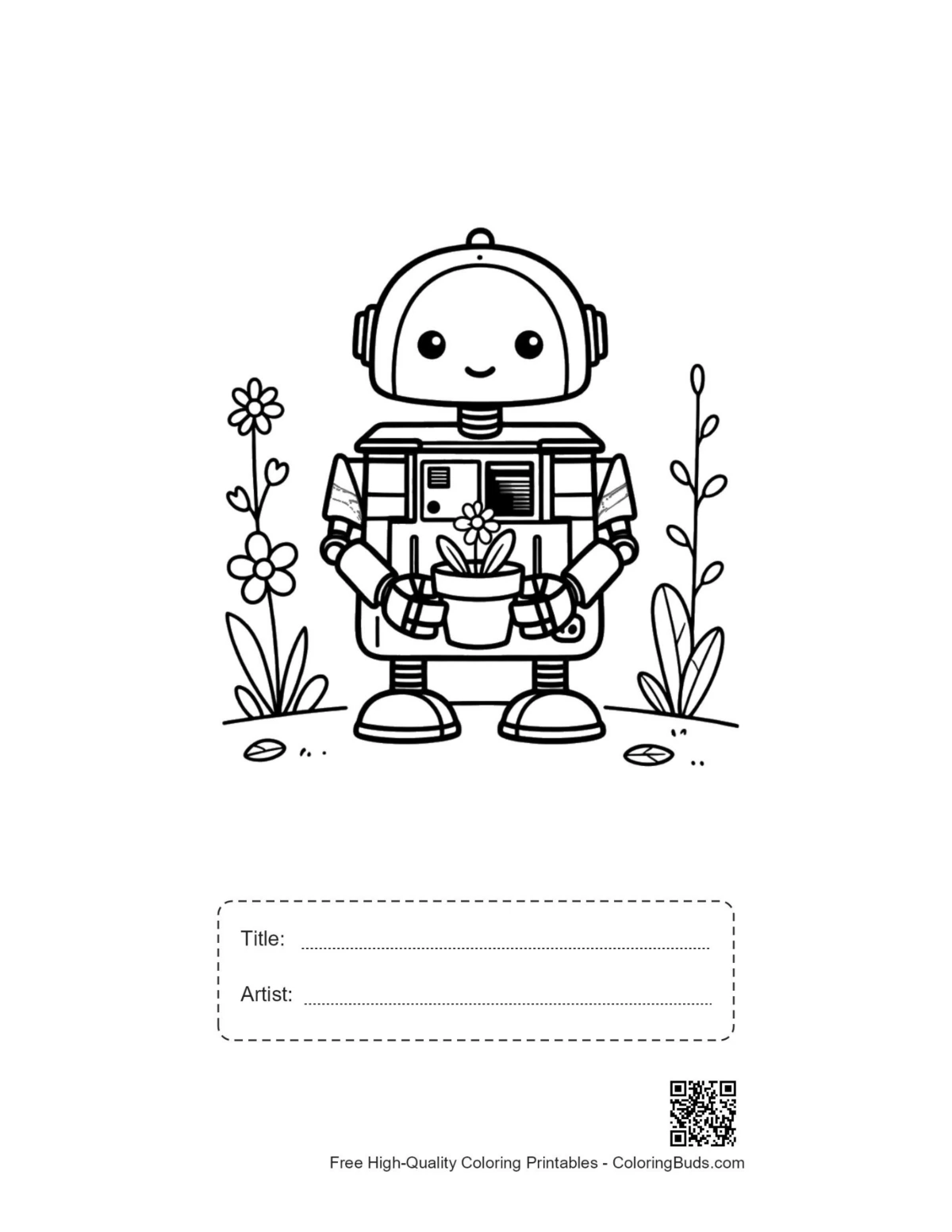 Retro robot printable with title and artist box