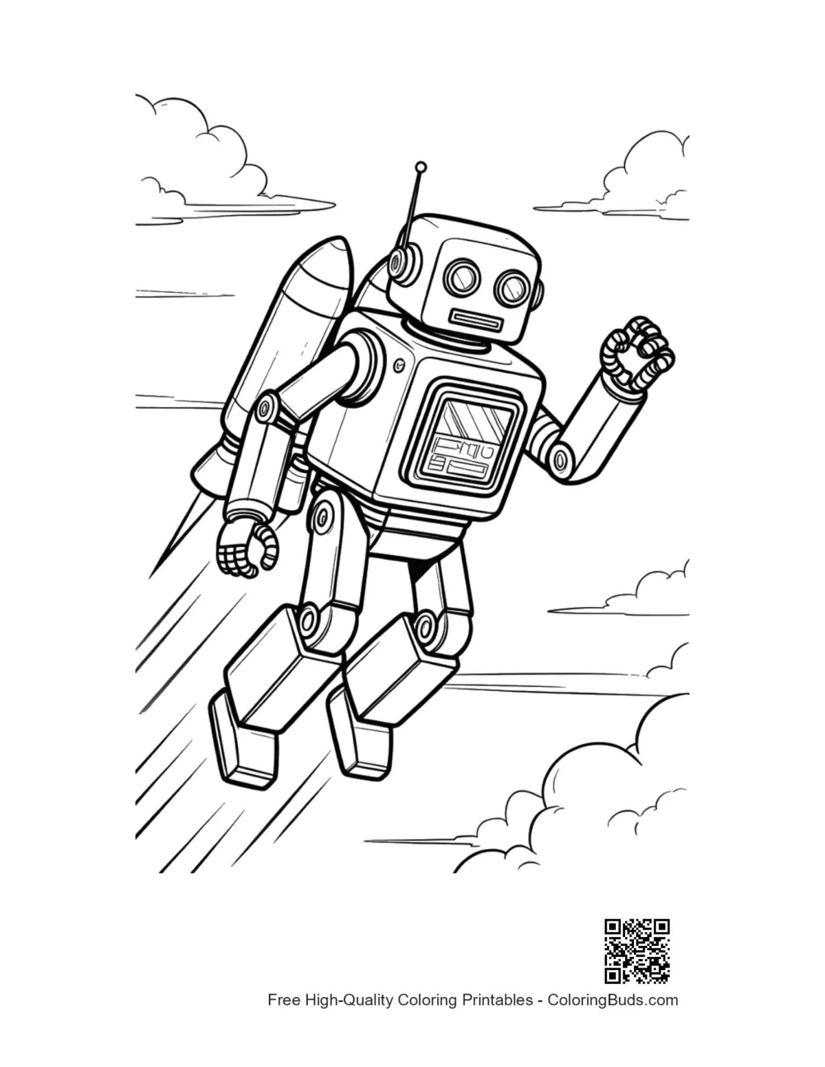 Retro robot jetpack soaring printable coloring page