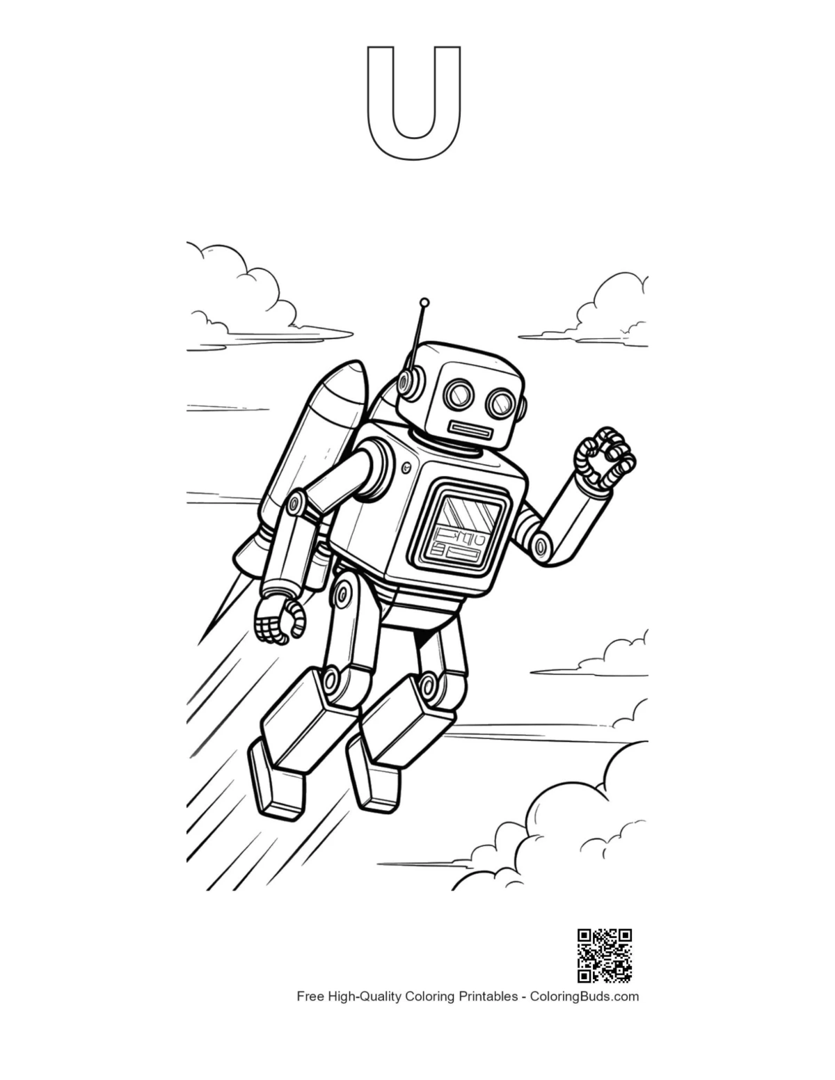 Retro robot jetpack coloring with letter U outline