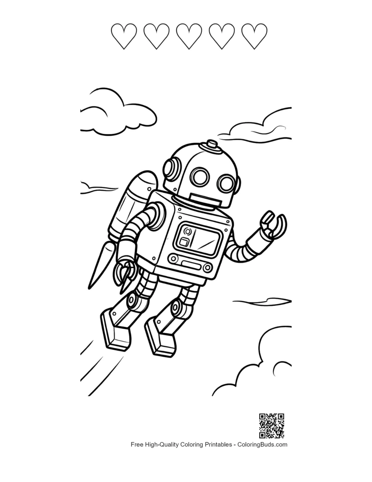 Retro robot with 5 heart outlines printable
