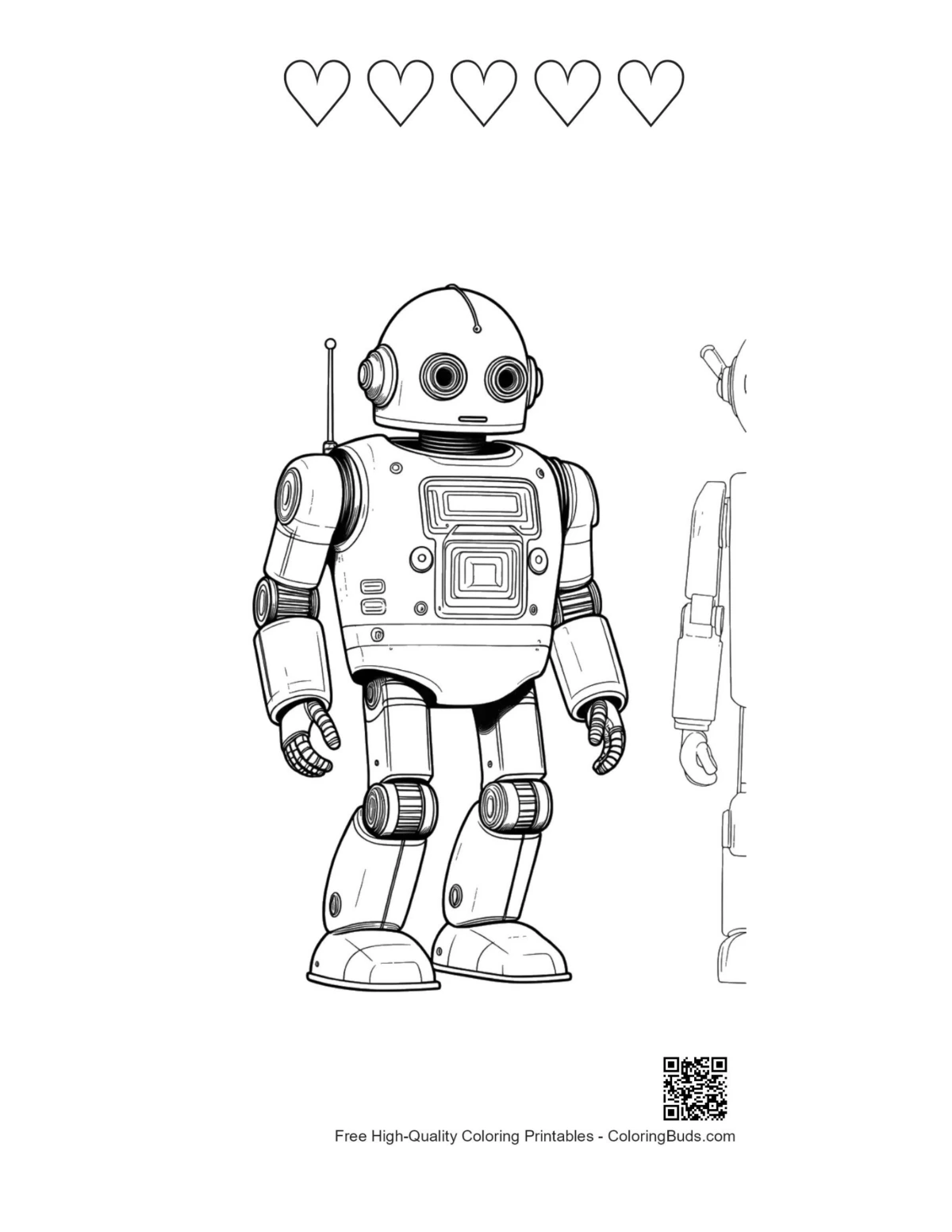 Retro robot printable with heart outlines