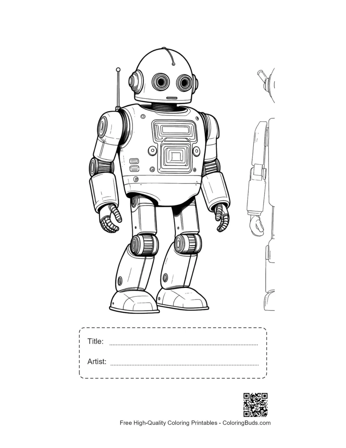 Printable retro robot line art with title box