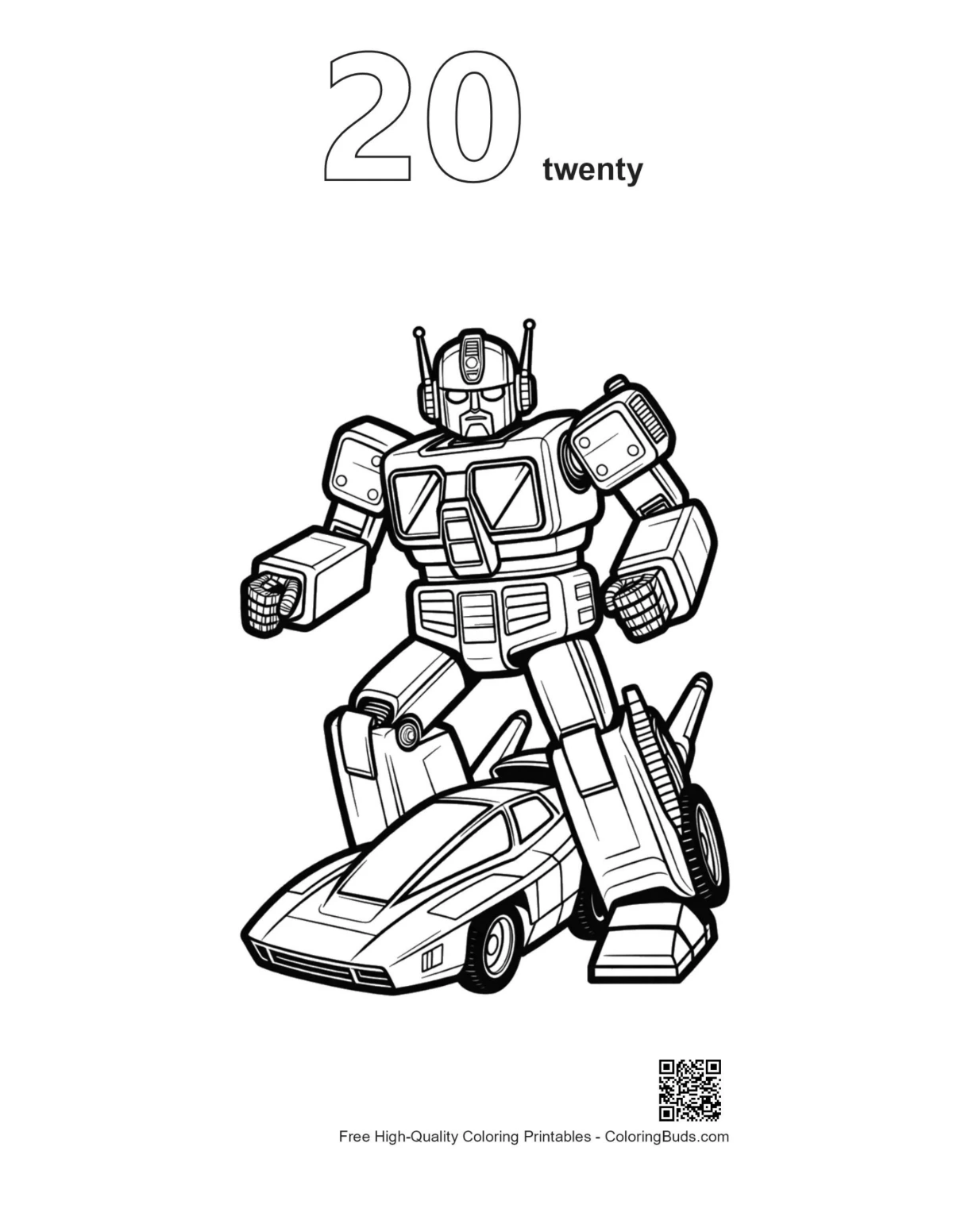 Retro robot printable outline number 20 coloring sheet