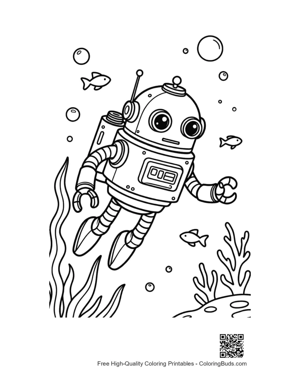 Retro submarine robot ocean floor coloring printable