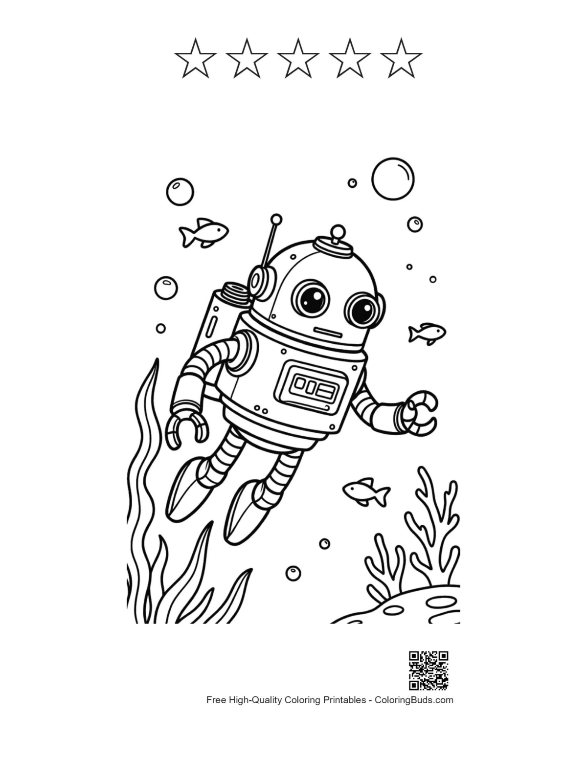 Retro submarine robot with 5 star outlines printable