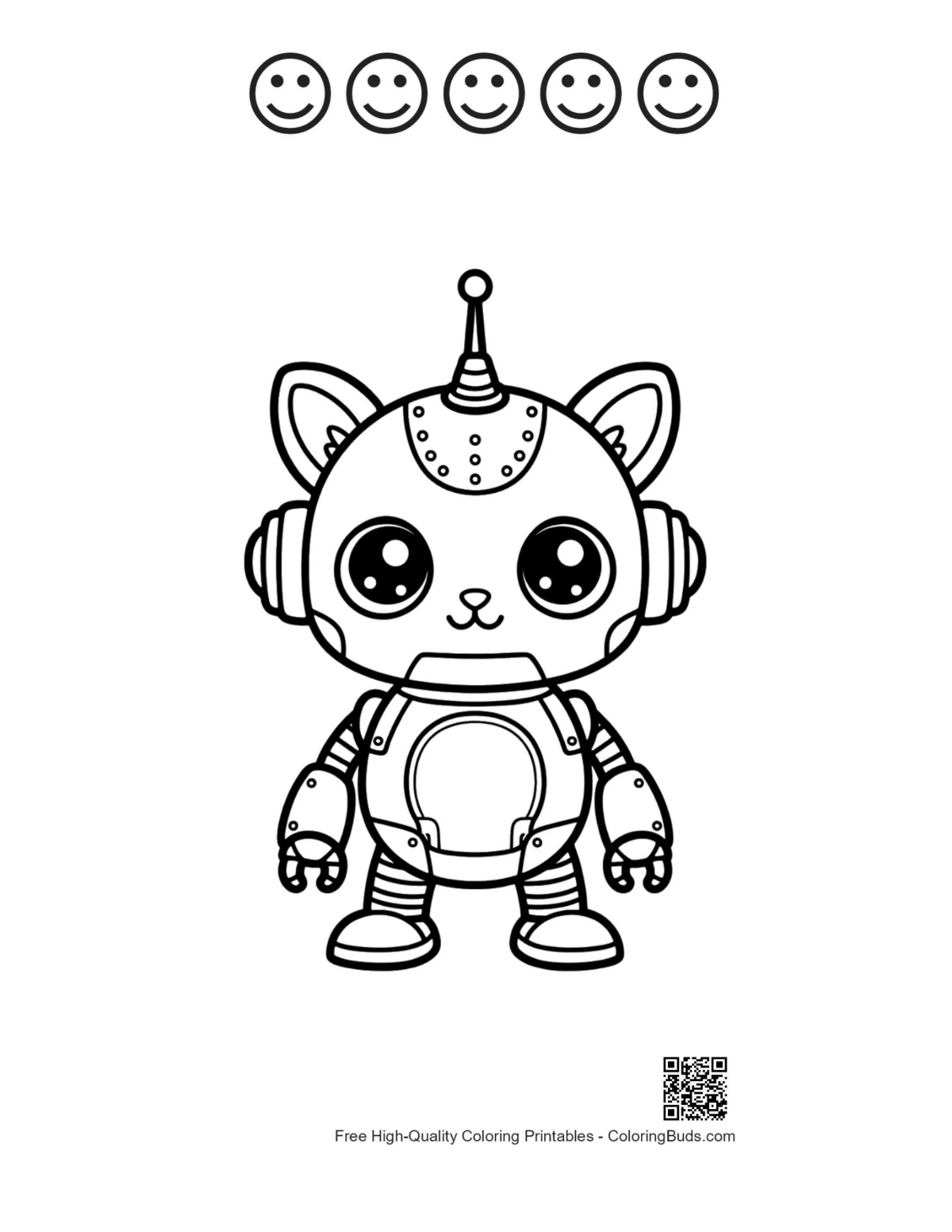 Retro robot cat 5 happy faces outline coloring
