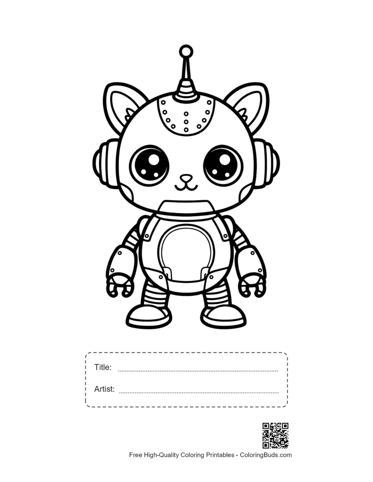 Retro robot cat printable with title artist box