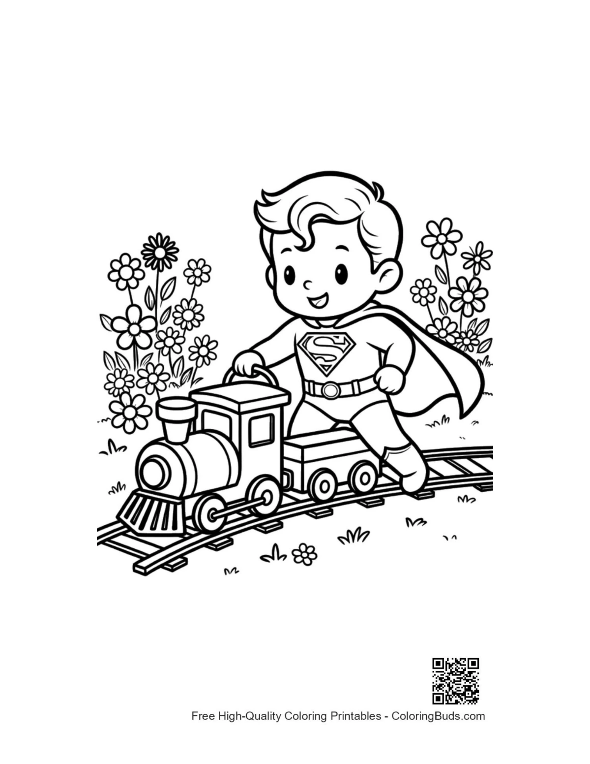 Brave caped hero boy running next to locomotive printable