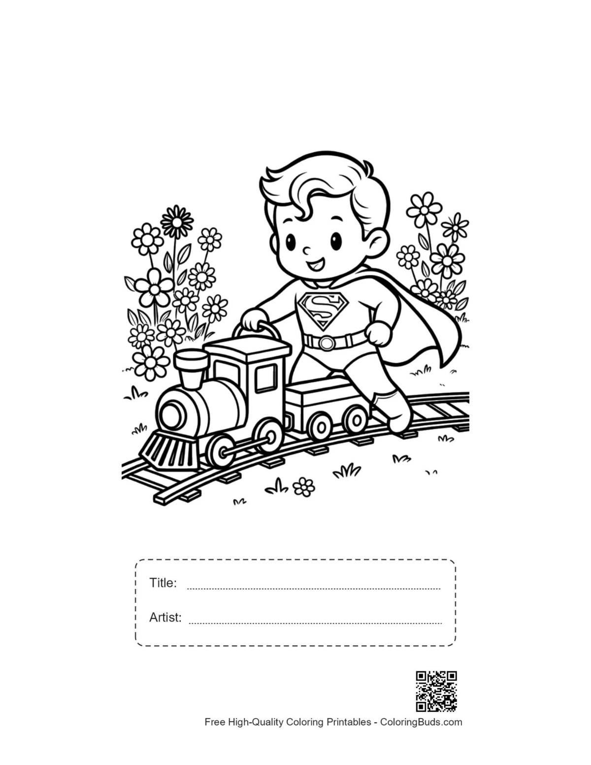 Caped hero boy and locomotive printable with title box