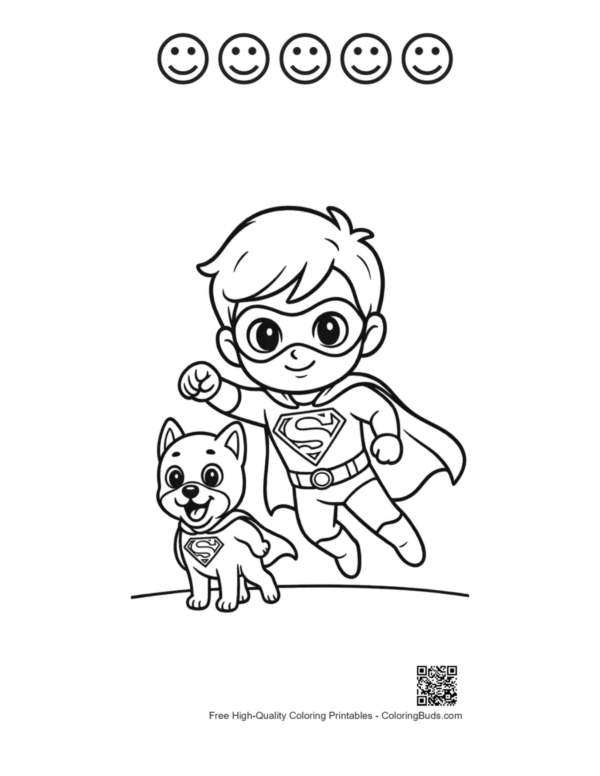 Superhero kid dog flying happy faces outline printable