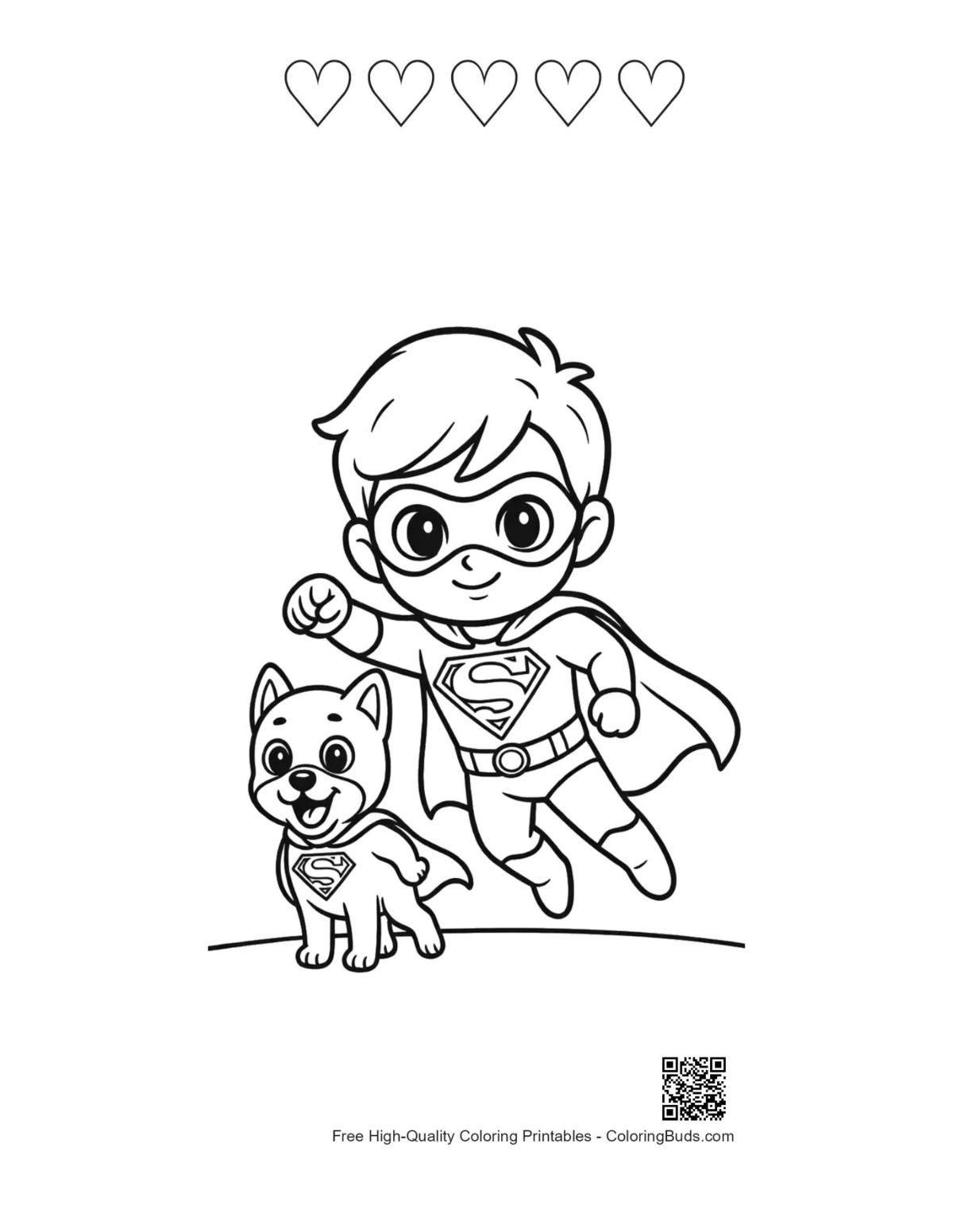 Caped hero child dog flying heart outlines printable