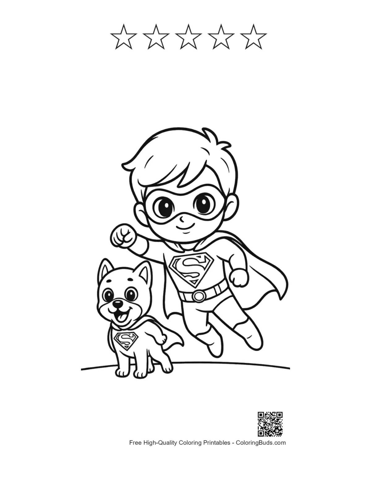 Caped hero flying with dog and star outlines printable
