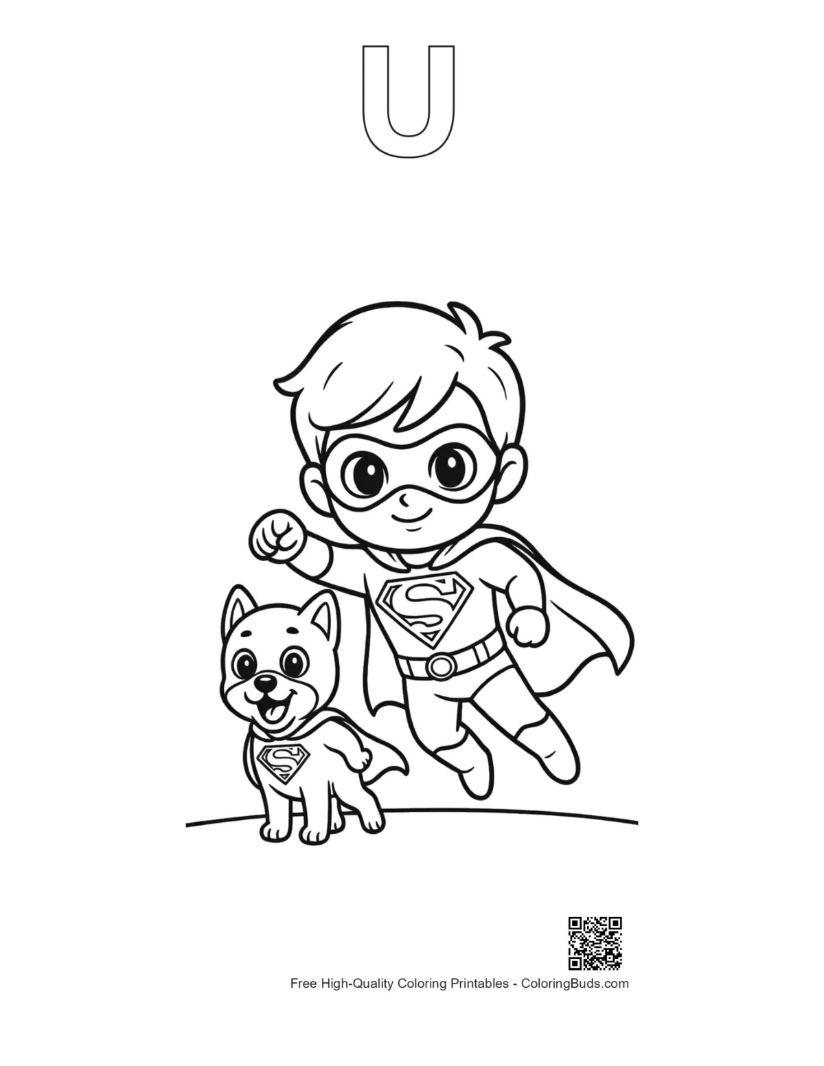 Superhero child dog flying alphabet U outline printable