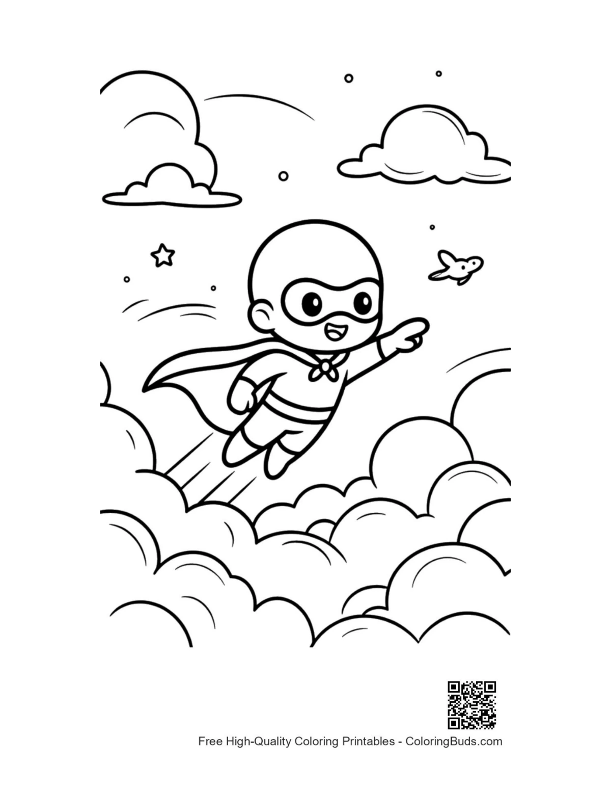 Brave caped superhero kid flying next to small airplane printable