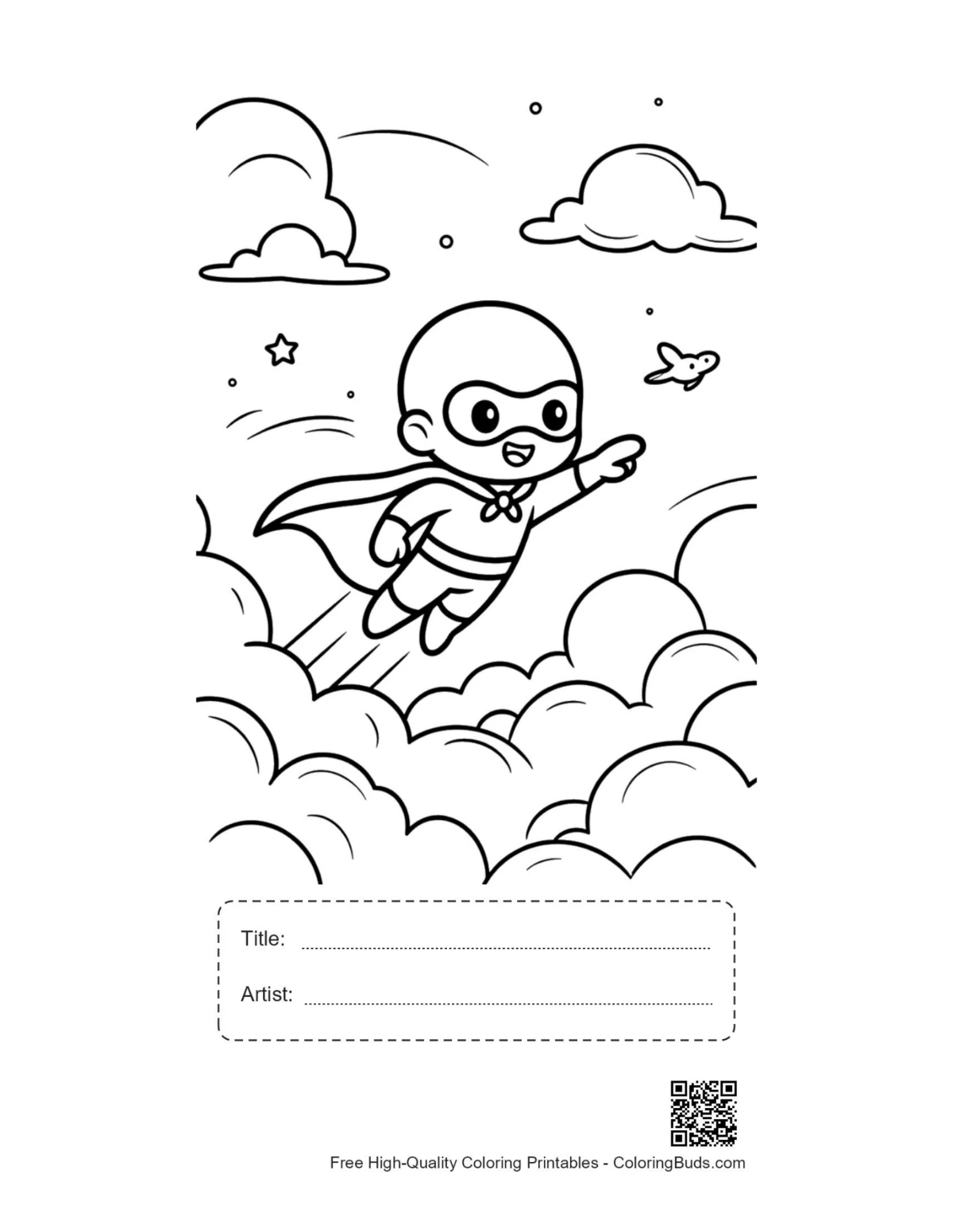 Superhero kid airplane printable with title and artist box