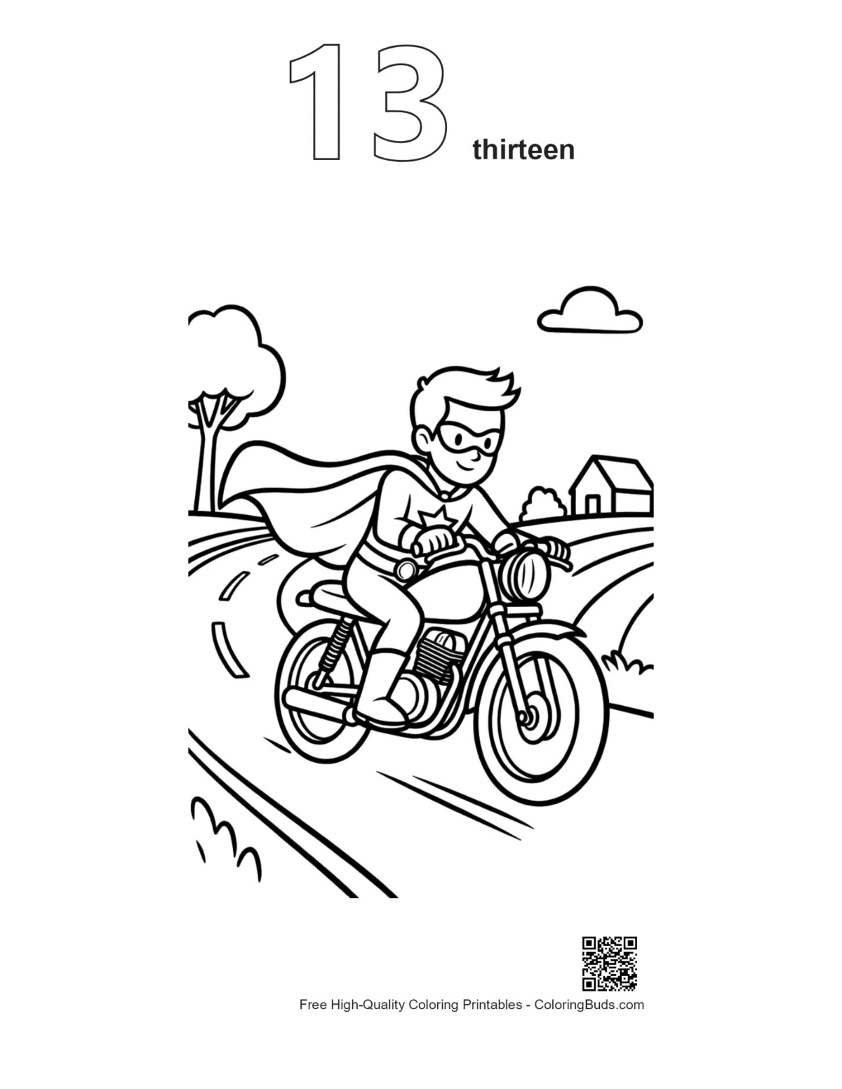 Caped hero coloring outline number 13 printable