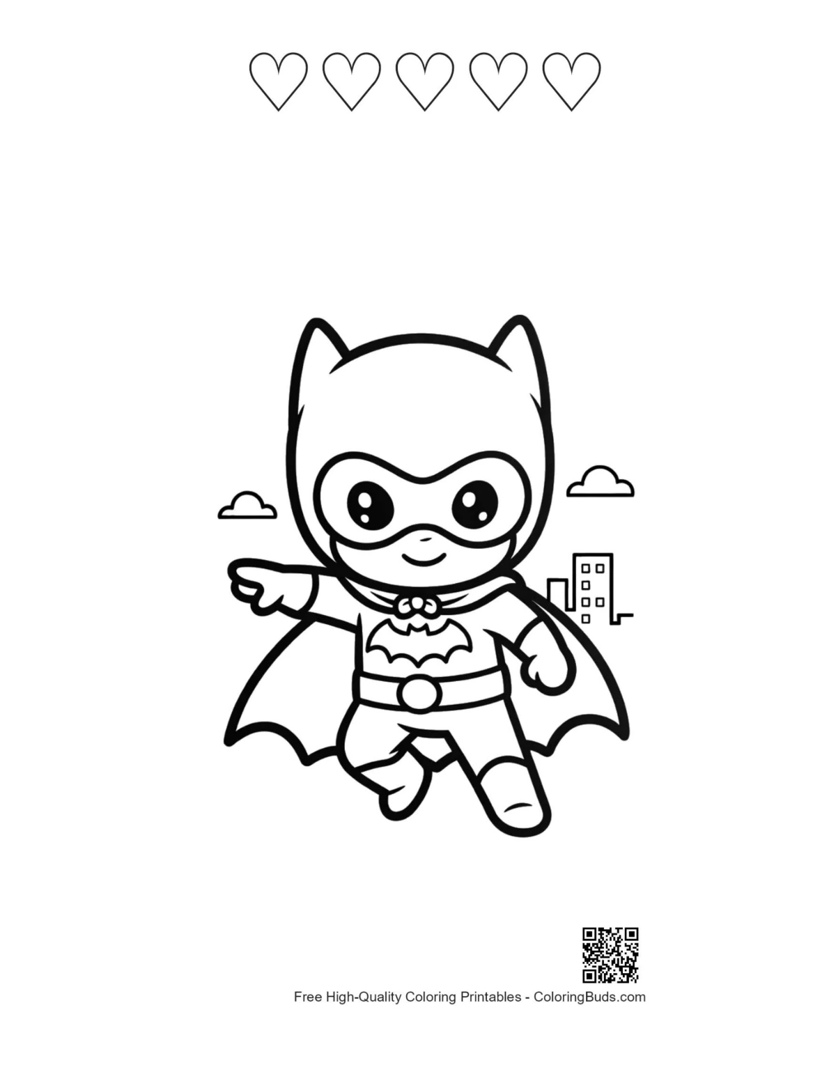 Caped hero with 5 hearts outline printable coloring