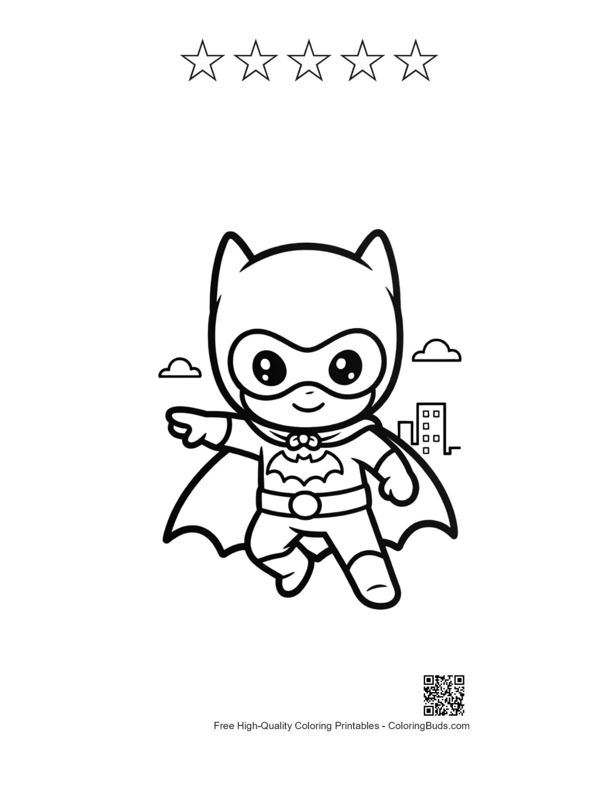 Caped hero with 5 stars outline printable coloring sheet