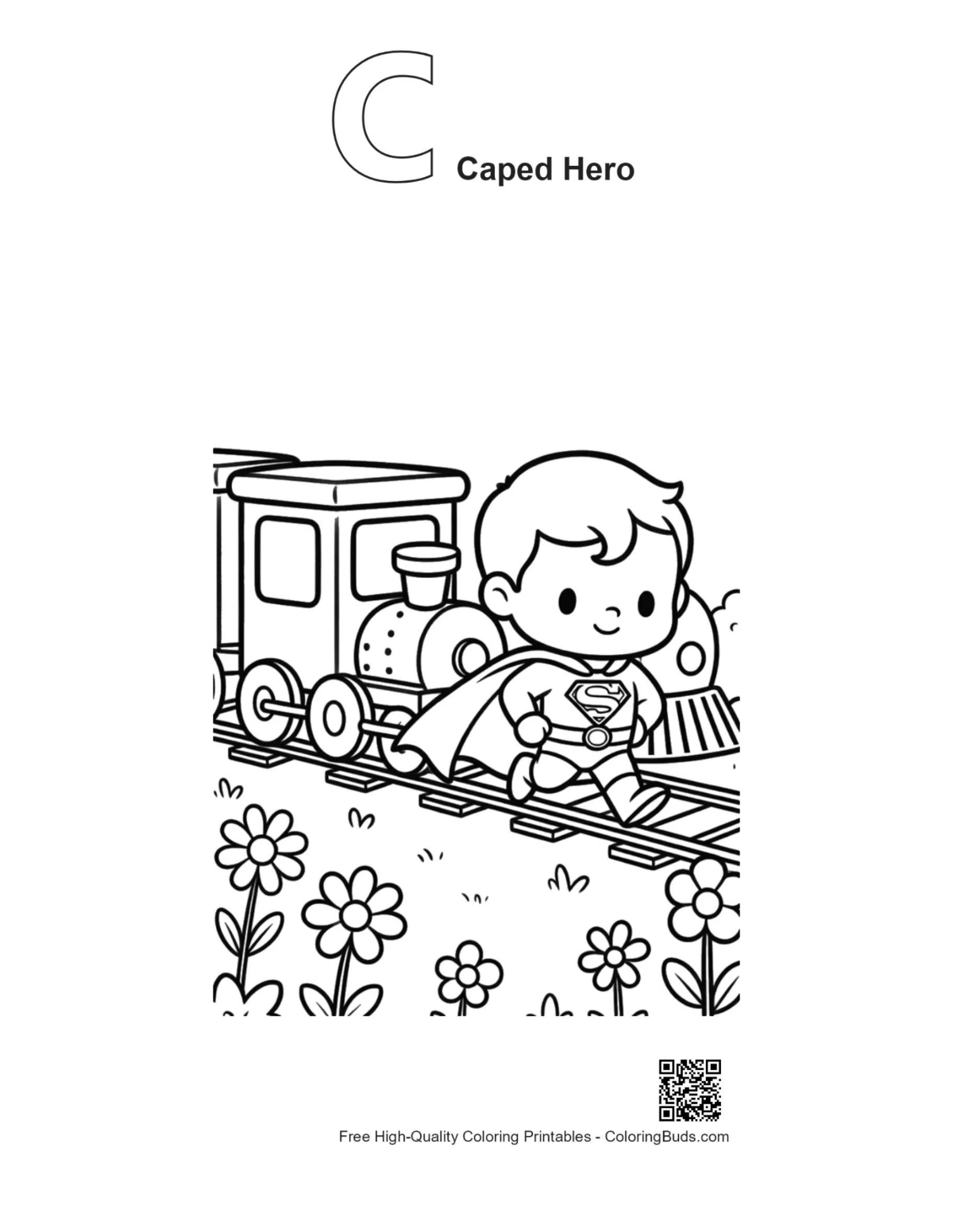 Alphabet C caped hero printable outline page