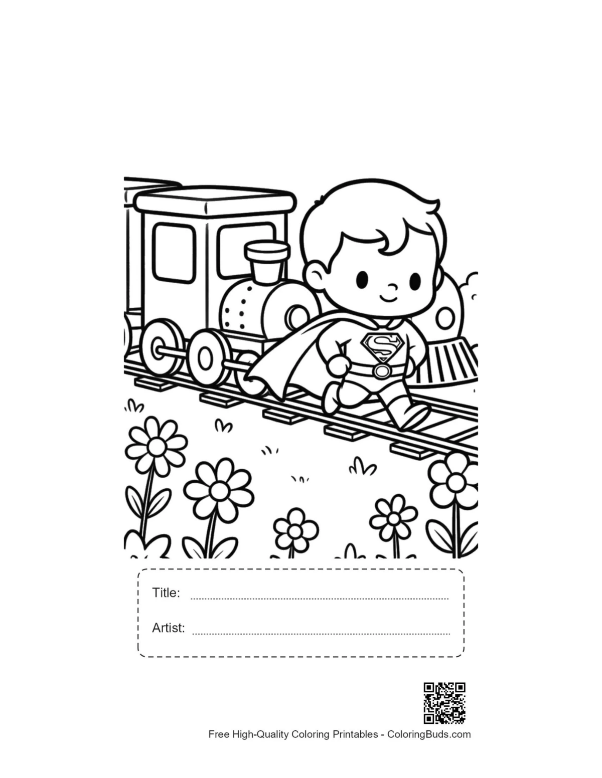Caped hero printable with title artist box