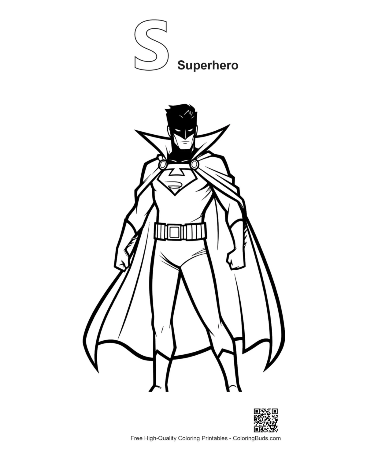 Caped Hero with S alphabet superhero outline printable