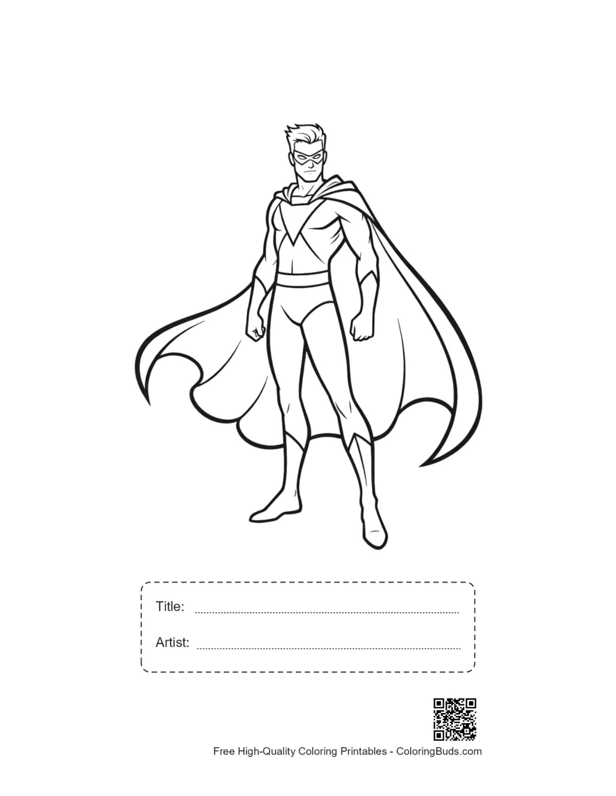 Caped superhero printable with title and artist box