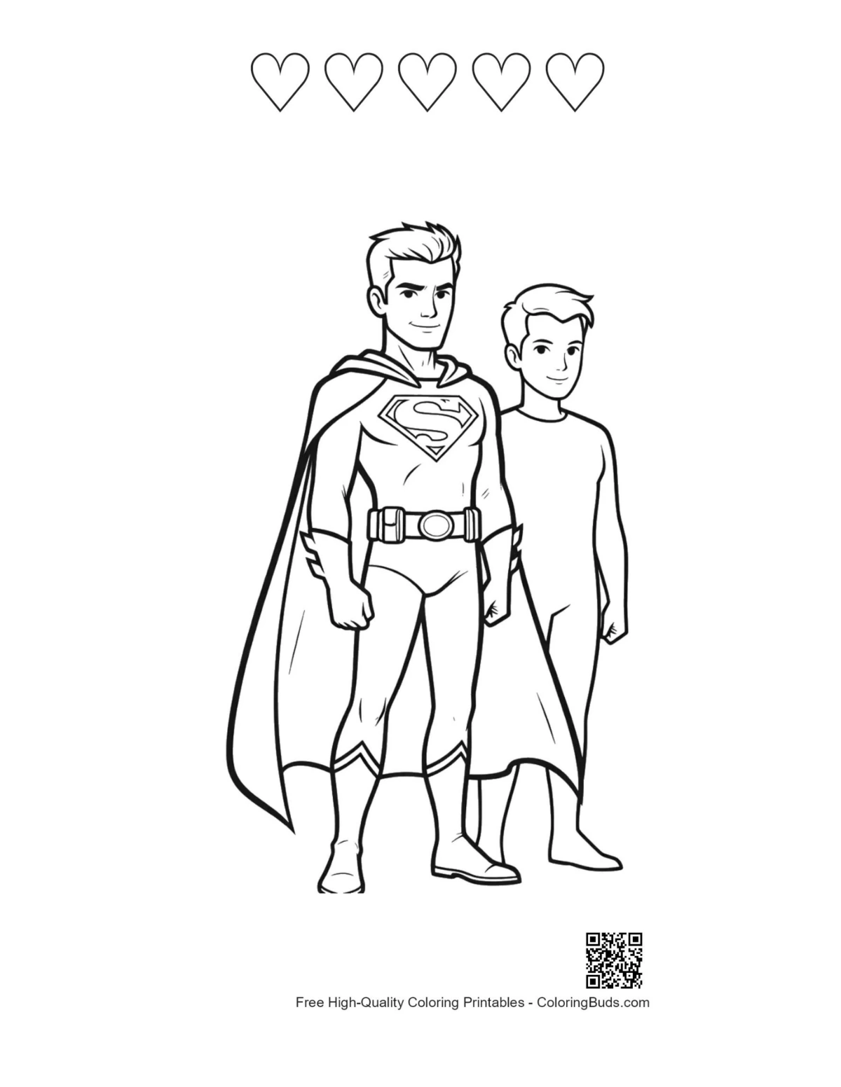 Caped duo printable with 5 heart outlines