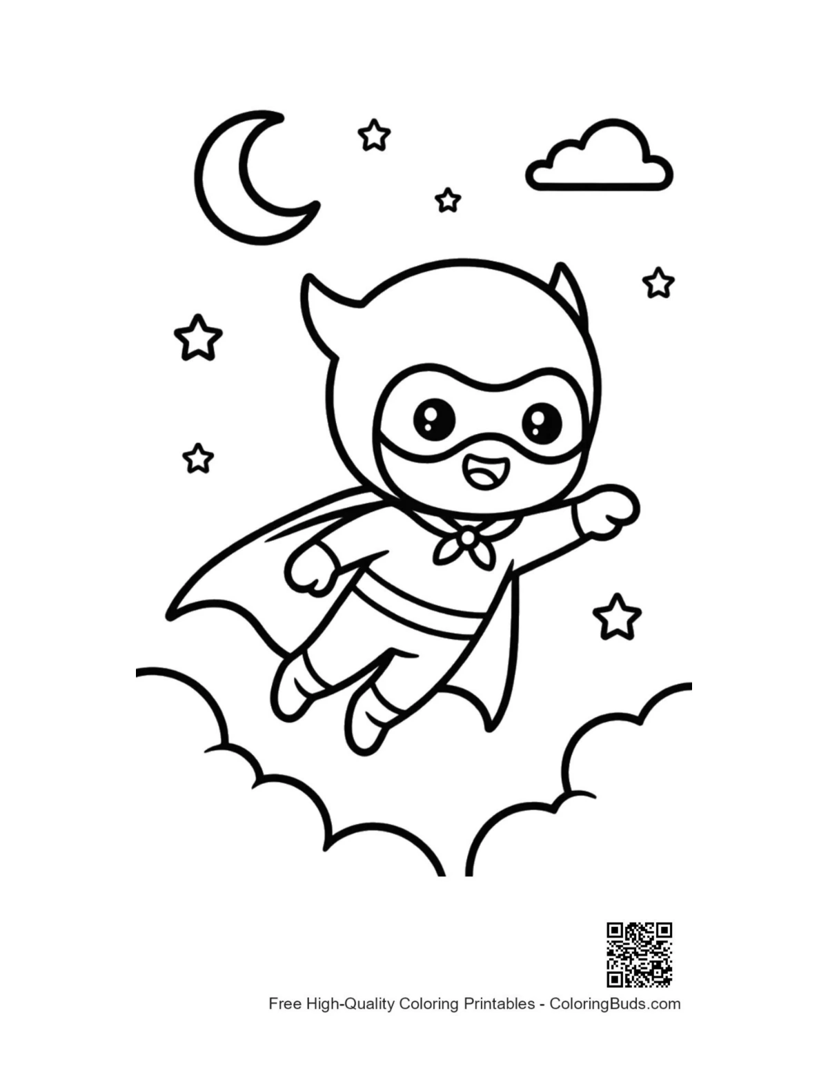 Cute baby superhero flying starry night sky coloring page