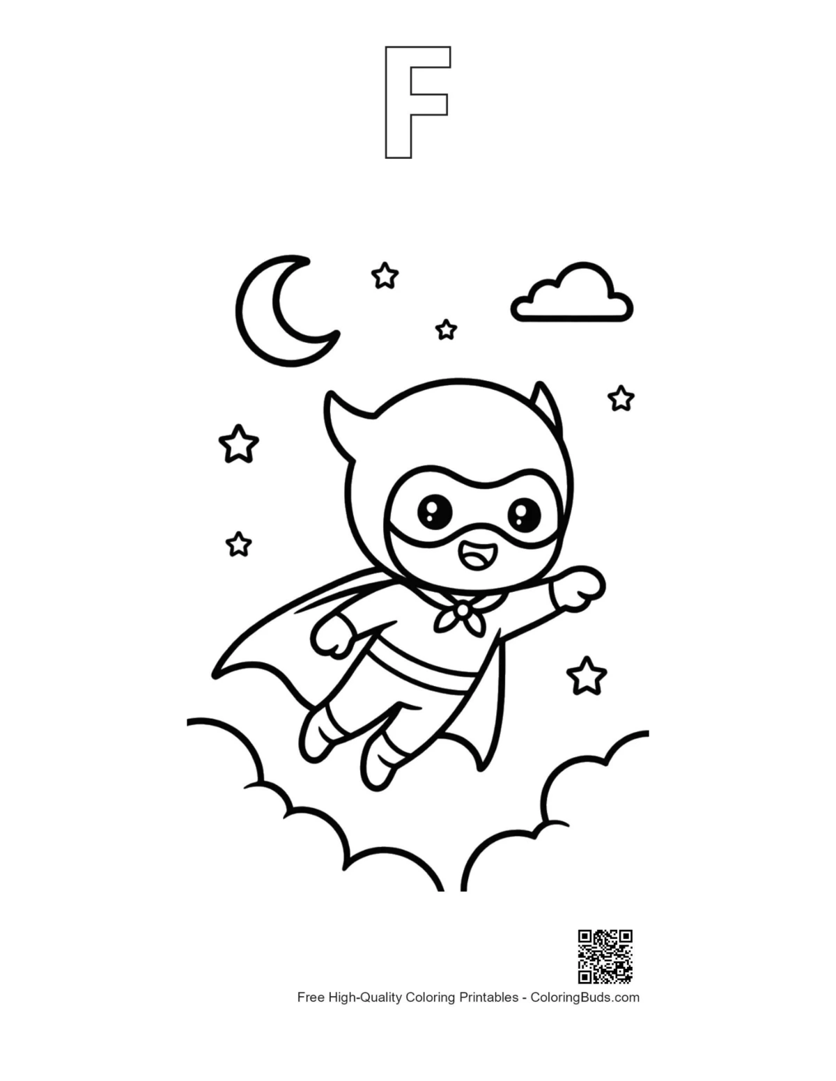 Baby superhero starry sky with F alphabet outline