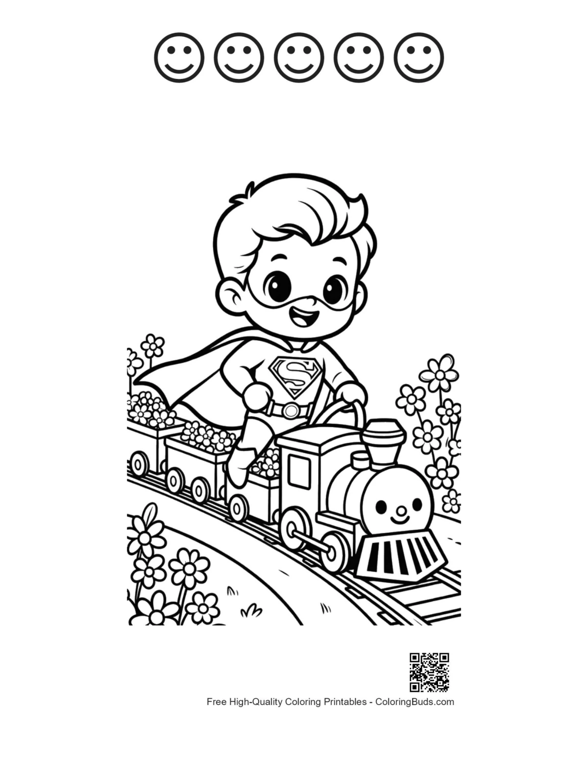 Cute caped hero 5 happy faces printable outline