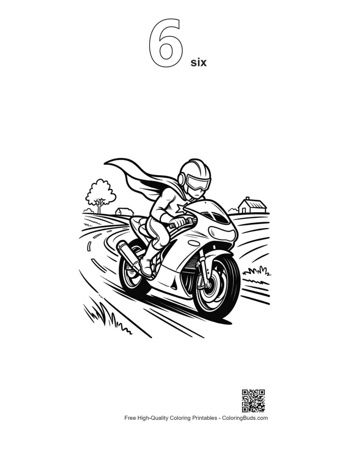 Cute caped hero outline number 6 printable sheet