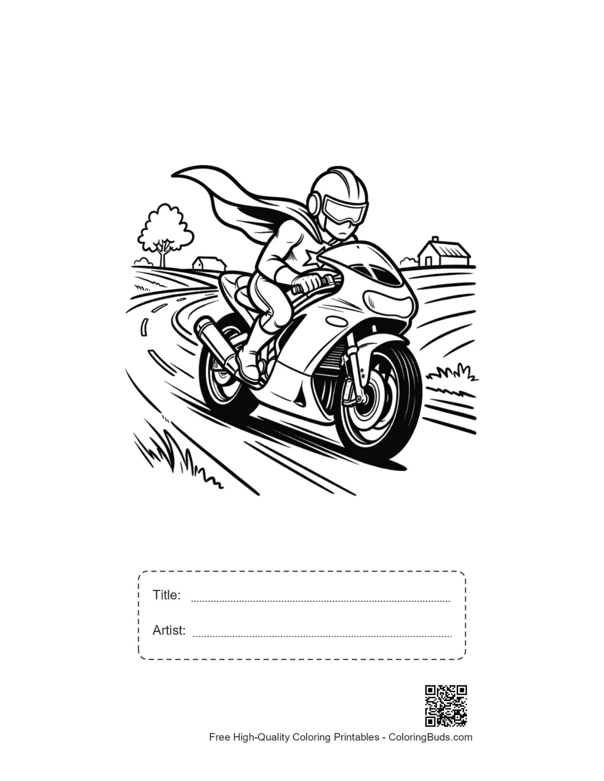 Cute caped hero printable with title and artist box