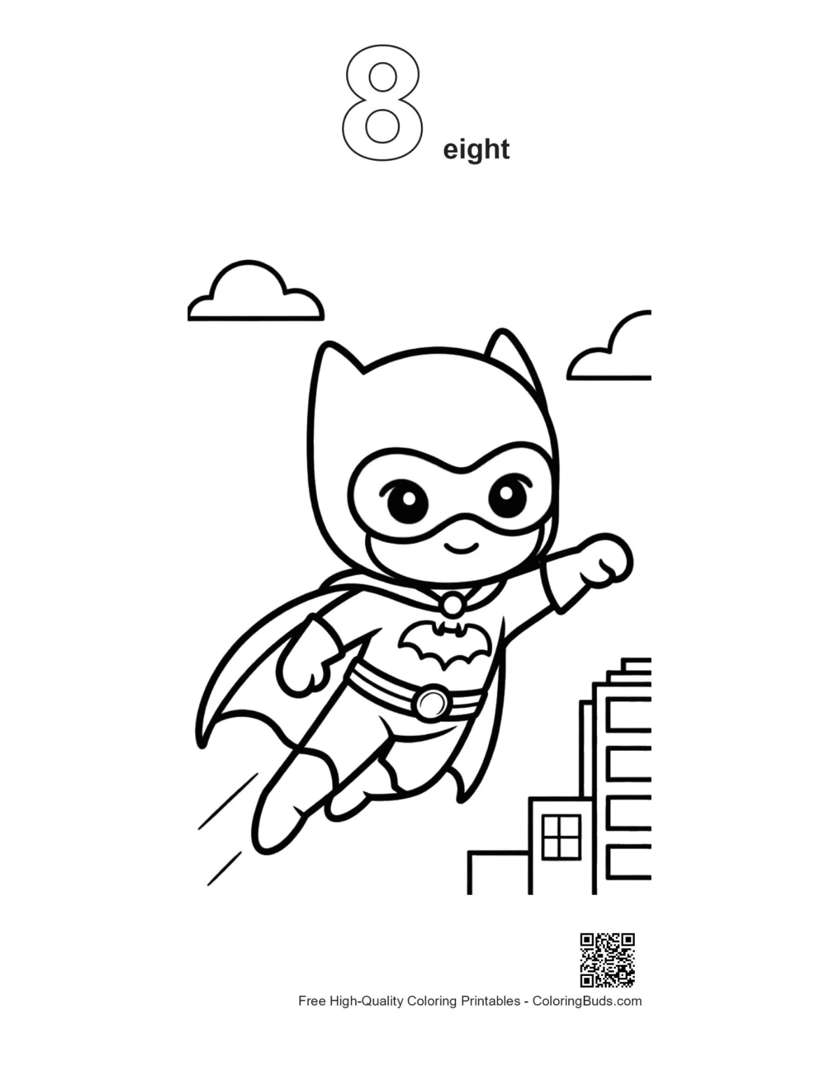Caped Hero coloring page with number 8 outline
