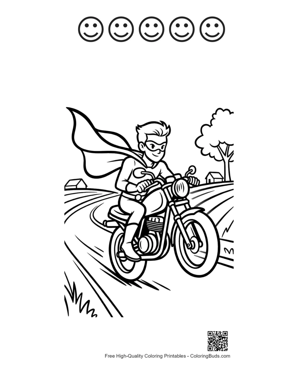 Caped hero with 5 happy faces outline printable